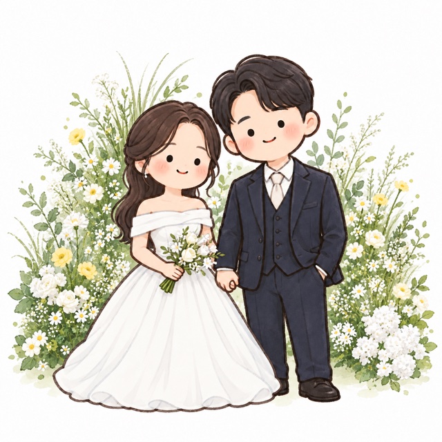 꽃 사이에서 손을 잡은 신랑·신부 일러스트